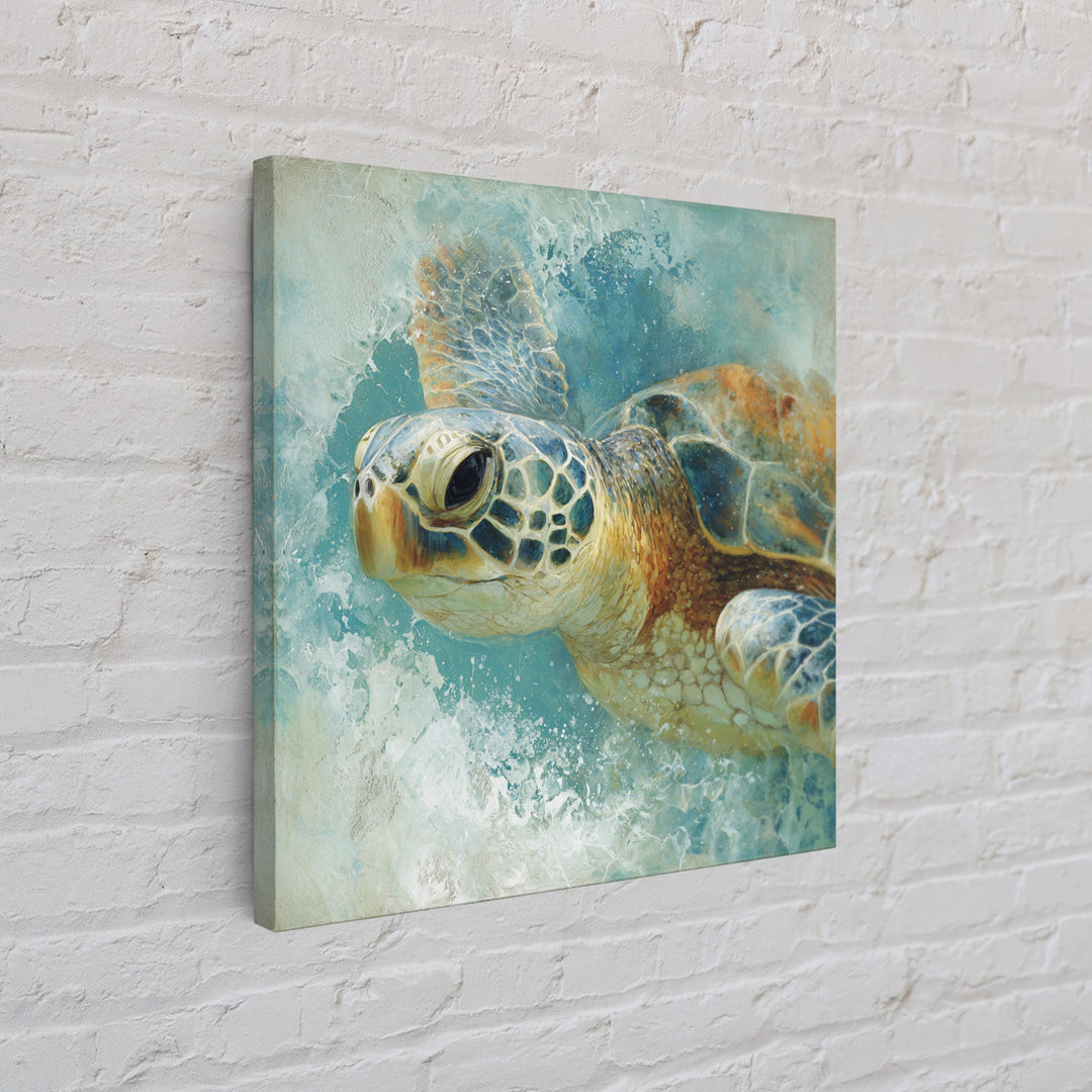 Sea Turtle Near Tropical Reef Framed Canvas Print, Tropical Art, Beach Decor, Living Room Decor, Oil Painting, Tropic, TRO-1x1-43