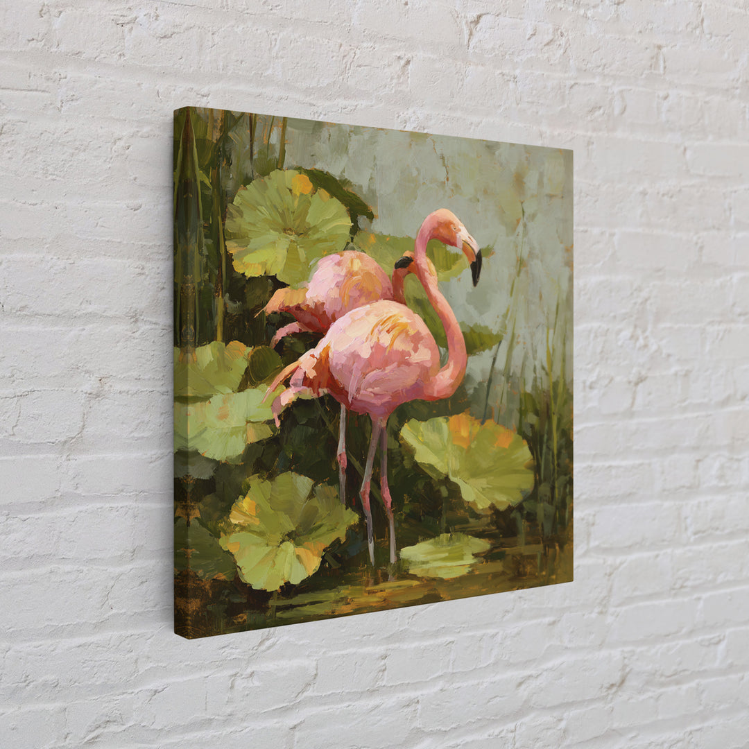 Pink Flamingos Among Tropical Water Plants Canvas Print, Tropical Art, Whimsical Art, Living Room Decor, Fine Art, Tropic, TRO-1x1-50