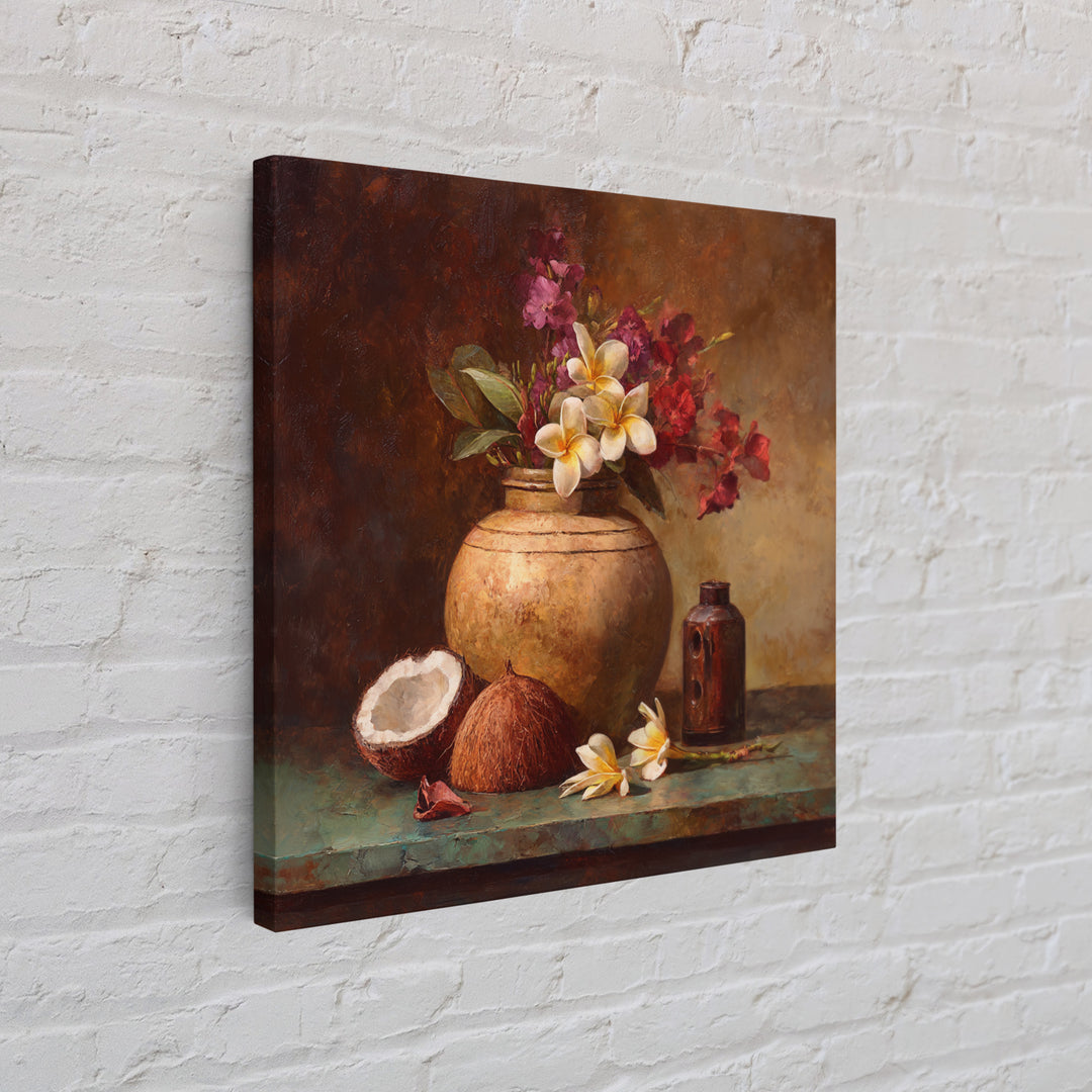 Coconut and Plumeria Still Life Canvas Print, Tropical Art, Coastal Decor, Living Room Decor, Fine Art, Tropic, Modern Decor, TRO-1x1-60