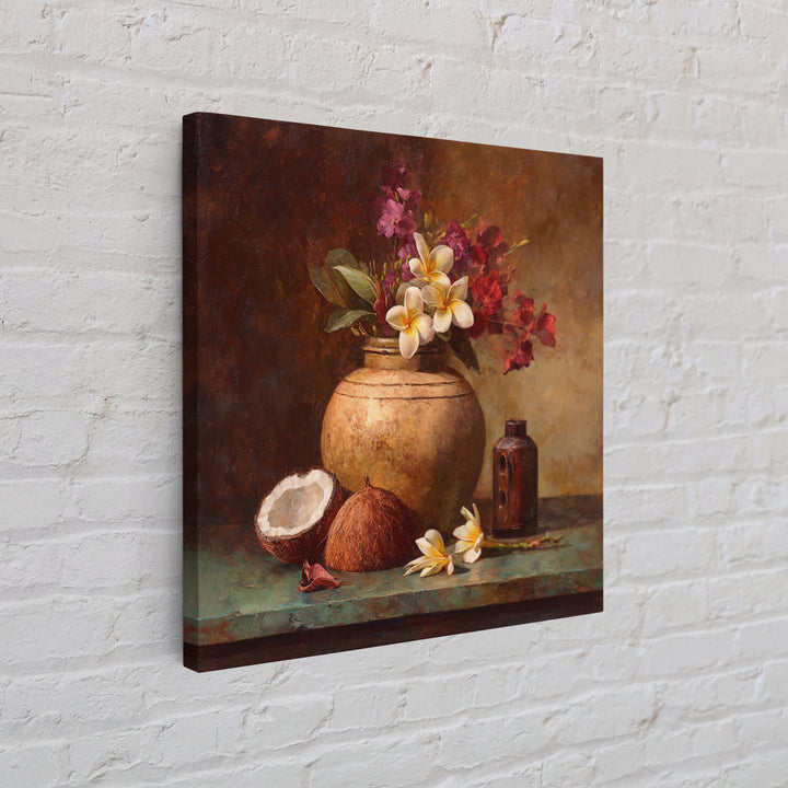 Coconut and Plumeria Still Life Canvas Print, Tropical Art, Coastal Decor, Living Room Decor, Fine Art, Tropic, Modern Decor, TRO-1x1-60