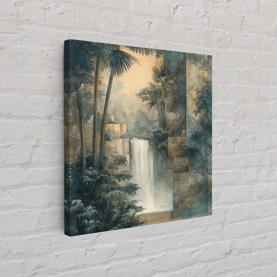 Jungle Waterfall with Misty Light Framed Canvas Print, Tropical Art, Boho Decor, Living Room Decor, Oil Painting, Tropic, TRO-1x1-61
