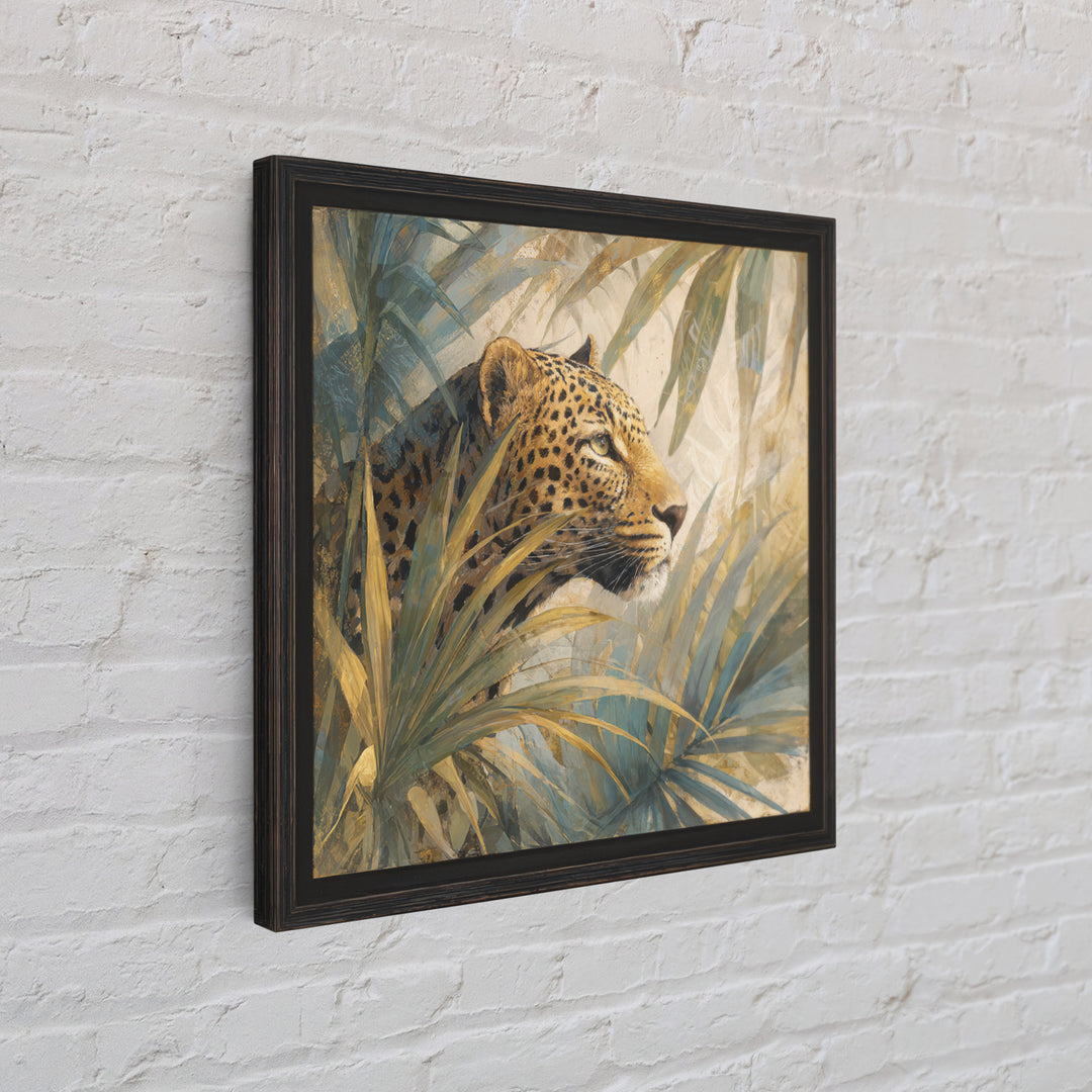 Leopard Hidden Among Palm Leaves Framed Canvas Print, Tropical Art, Gallery Decor, Living Room Decor, Fine Art, Tropic, TRO-1x1-62