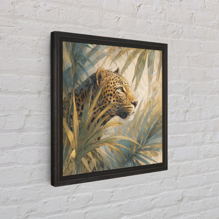 Leopard Hidden Among Palm Leaves Framed Canvas Print, Tropical Art, Gallery Decor, Living Room Decor, Fine Art, Tropic, TRO-1x1-62