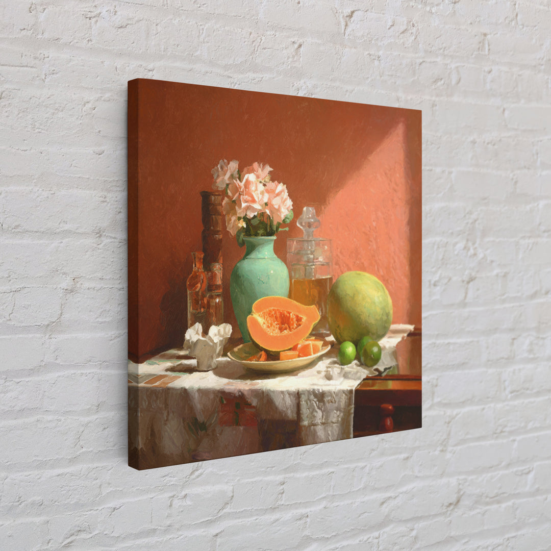 Bright Papaya and Lime Still Life Framed Canvas Print, Tropical Art, Beach Print, Living Room Decor, Abstract Art, Tropic, TRO-1x1-72