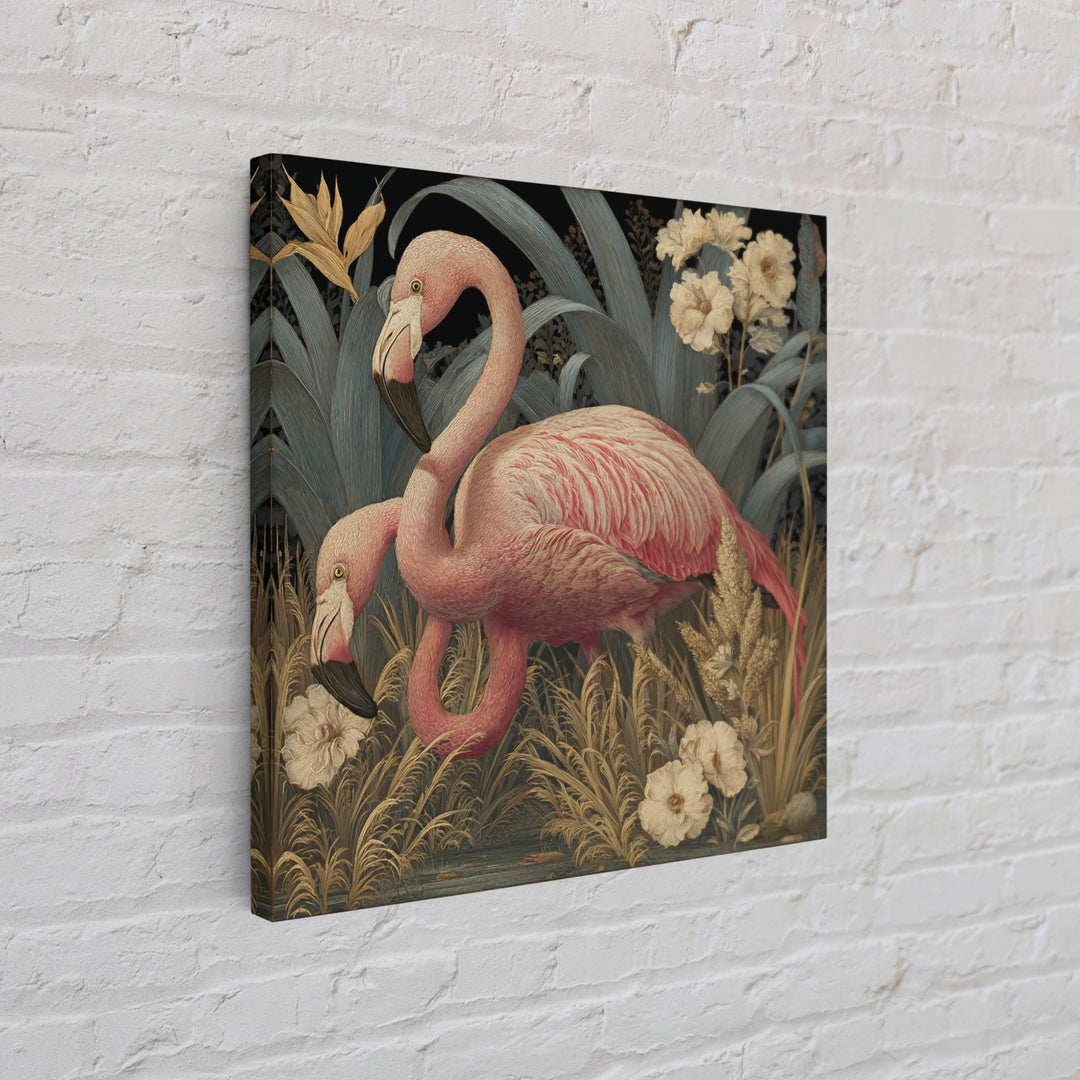 Pink Flamingos Among Tropical Water Plants Framed Canvas Print, Tropical Art, Fine Art Print, Living Room Decor, Tropic, TRO-1x1-74