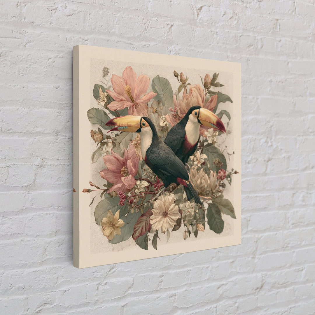 Toucans Surrounded by Bright Jungle Flowers Canvas Print, Tropical Art, Statement Artwork, Living Room Decor, Fine Art, Tropic, TRO-1x1-75