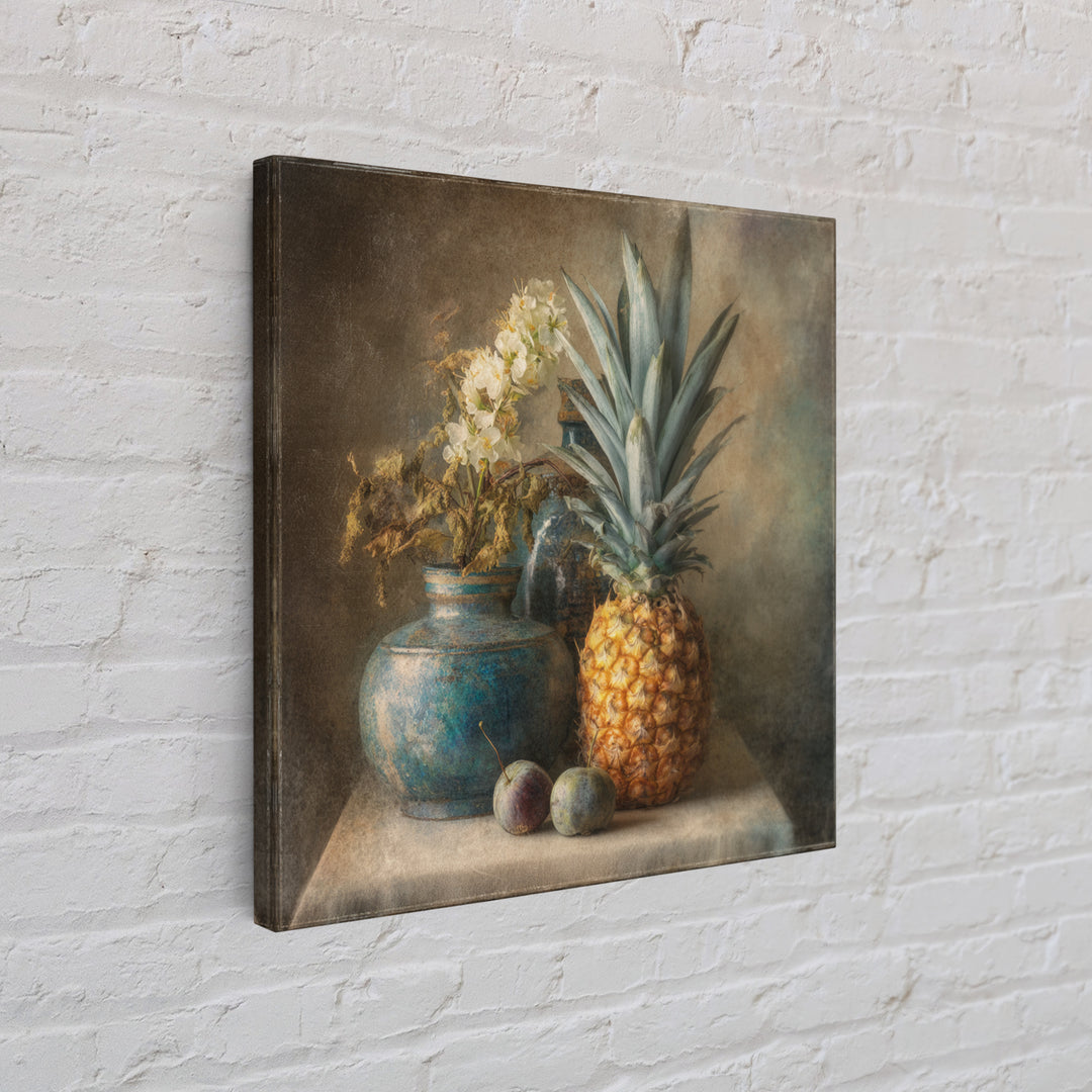 Pineapple and Palm Still Life Framed Canvas Print, Tropical Art, Statement Artwork, Living Room Decor, Fine Art, Tropic, TRO-1x1-78