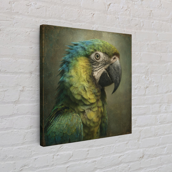 Parrot Portrait with Emerald Feathers Framed Canvas Print, Tropical Art, Fine Art Print, Living Room Decor, Oil Painting, TRO-1x1-80