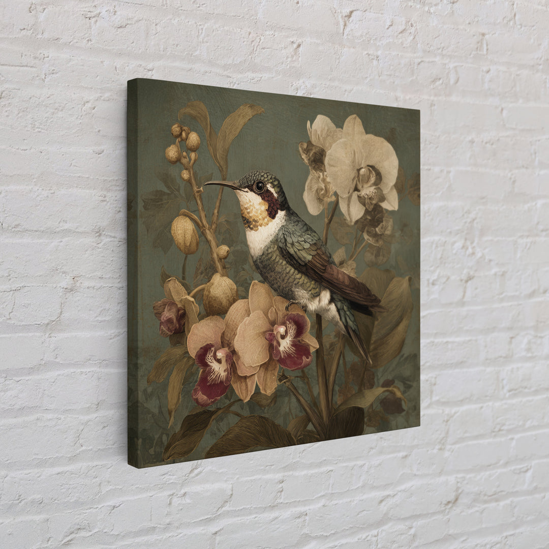 Orchid and Hummingbird Composition Canvas Print, Tropical Art, Boho Decor, Living Room Decor, Oil Painting, Tropic, Art Print, TRO-1x1-82