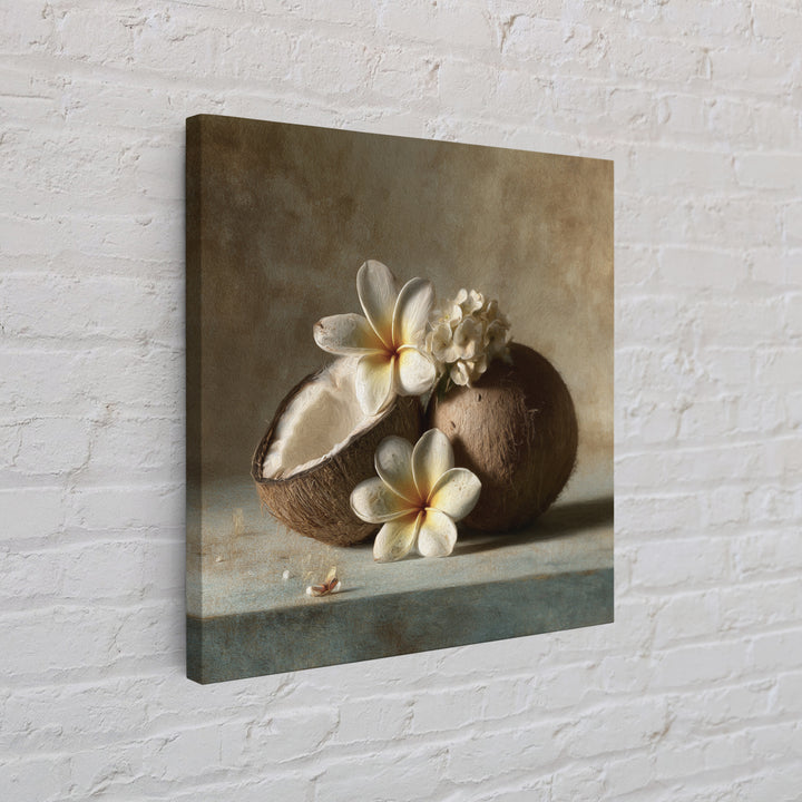 Coconut and Plumeria Still Life Framed Canvas Print, Tropical Art, Beach Print, Living Room Decor, Abstract Art, Tropic, TRO-1x1-84