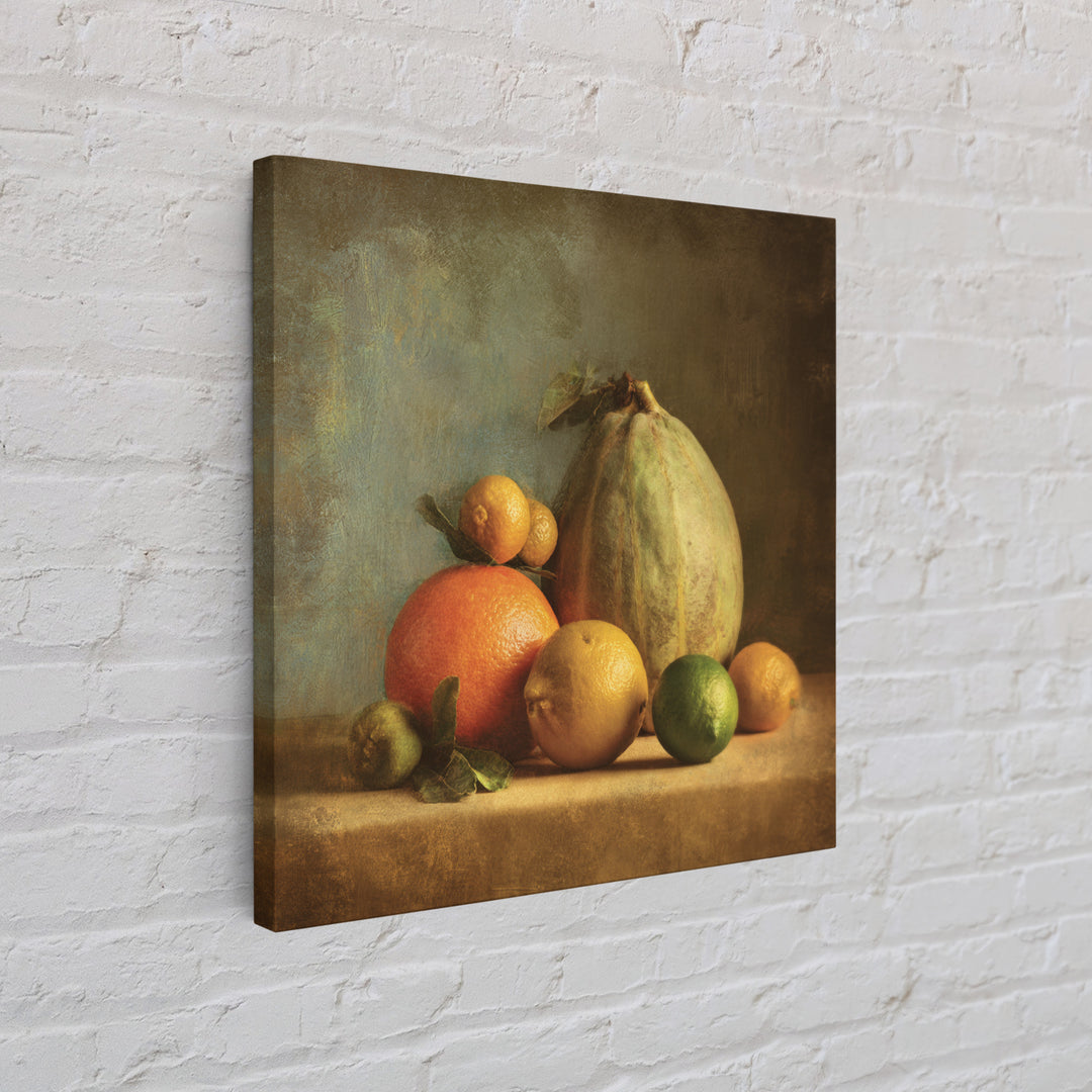 Bright Papaya and Lime Still Life Framed Canvas Print, Tropical Art, Art Print, Living Room Decor, Tropic, Abstract Painting, TRO-1x1-96