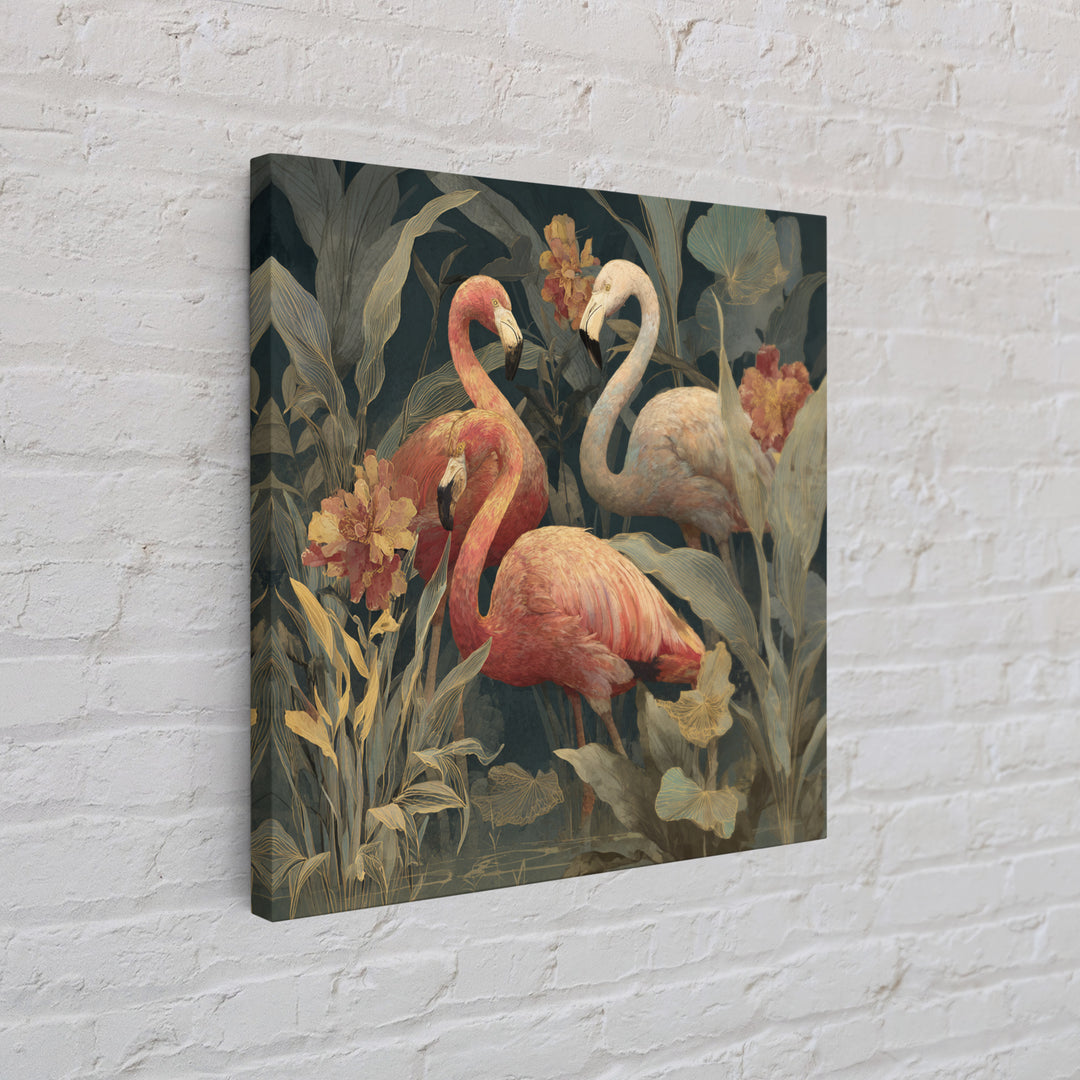 Pink Flamingos Among Tropical Water Plants Canvas Print, Tropical Art, Textured Painting, Living Room Decor, Fine Art, Tropic, TRO-1x1-98