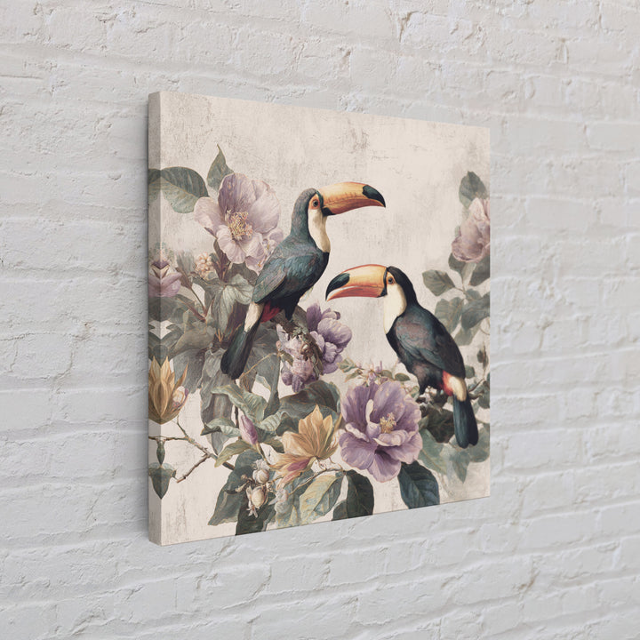 Toucans Surrounded by Bright Jungle Flowers Canvas Print, Tropical Art, Decor, Living Room Decor, Oil Painting, Tropic, TRO-1x1-99