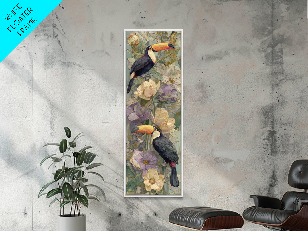 Toucans Surrounded by Bright Jungle Flowers Framed Canvas Print, Tropical Art, Printable Art, Living Room Decor, Tropic, TRO-1x3-15