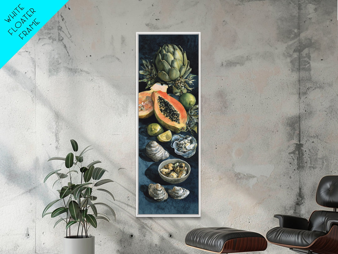 Bright Papaya and Lime Still Life Framed Canvas Print, Tropical Art, Art Print, Living Room Decor, Tropic, Abstract Painting, TRO-1x3-36
