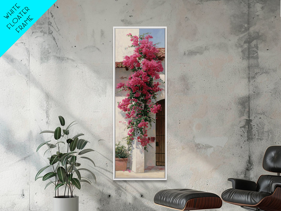 Pink Bougainvillea over White Wall Framed Canvas Print, Tropical Art, Minimalist Decor, Living Room Decor, Fine Art, Tropic, TRO-1x3-4