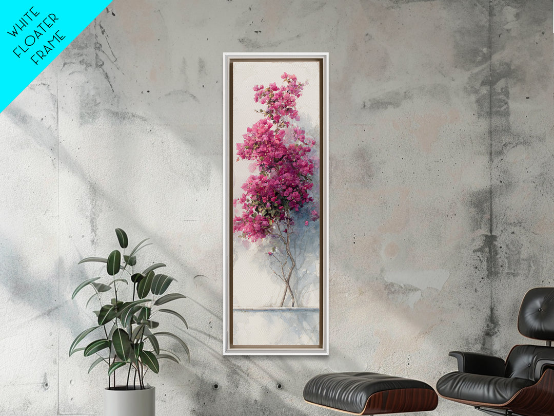 Pink Bougainvillea over White Wall Framed Canvas Print, Tropical Art, Wall Art Prints, Living Room Decor, Fine Art, Tropic, TRO-1x3-52