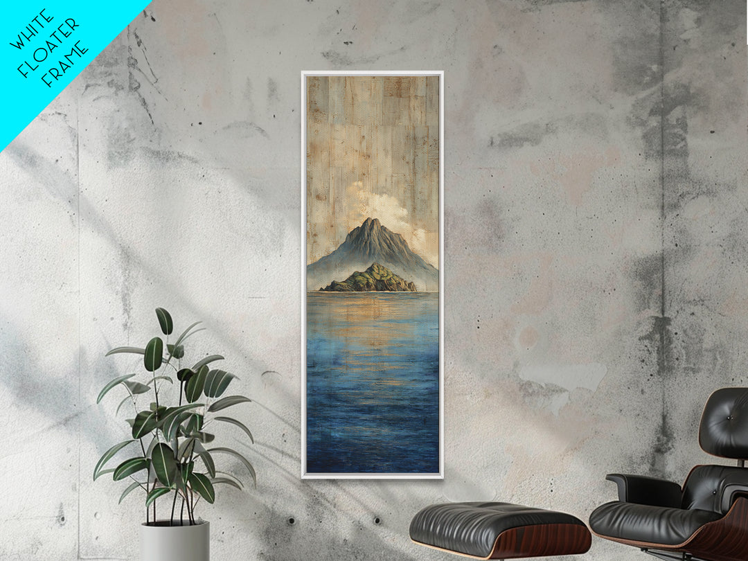 Island Volcano with Lush Foreground Framed Canvas Print, Tropical Art, Textured Painting, Living Room Decor, Fine Art, Tropic, TRO-1x3-53