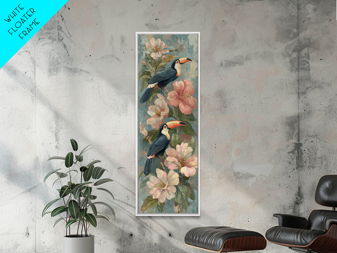Toucans Surrounded by Bright Jungle Flowers Canvas Print, Tropical Art, Botanical Art, Living Room Decor, Watercolor Art, TRO-1x3-63