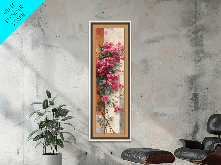 Pink Bougainvillea over White Wall Framed Canvas Print, Tropical Art, Beach Decor, Living Room Decor, Oil Painting, Tropic, TRO-1x3-76
