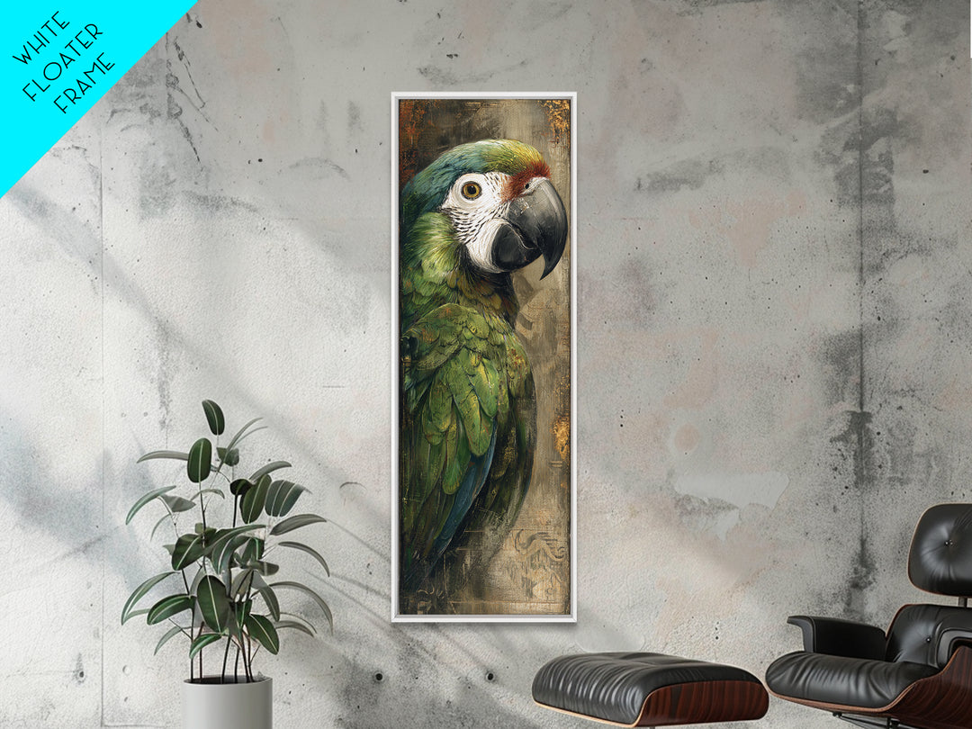 Parrot Portrait with Emerald Feathers Framed Canvas Print, Tropical Art, Coastal Art, Living Room Decor, Fine Art, Tropic, TRO-1x3-92