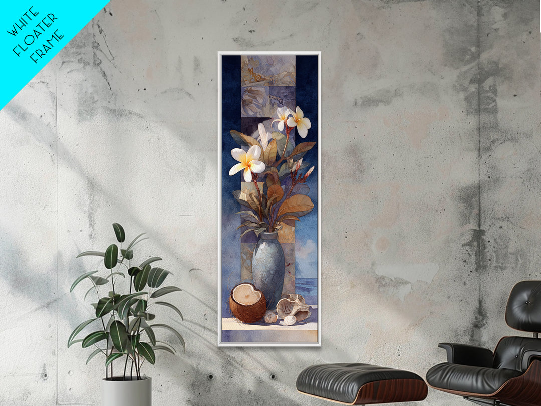 Coconut and Plumeria Still Life Framed Canvas Print, Tropical Art, Beach Print, Living Room Decor, Abstract Art, Tropic, TRO-1x3-96