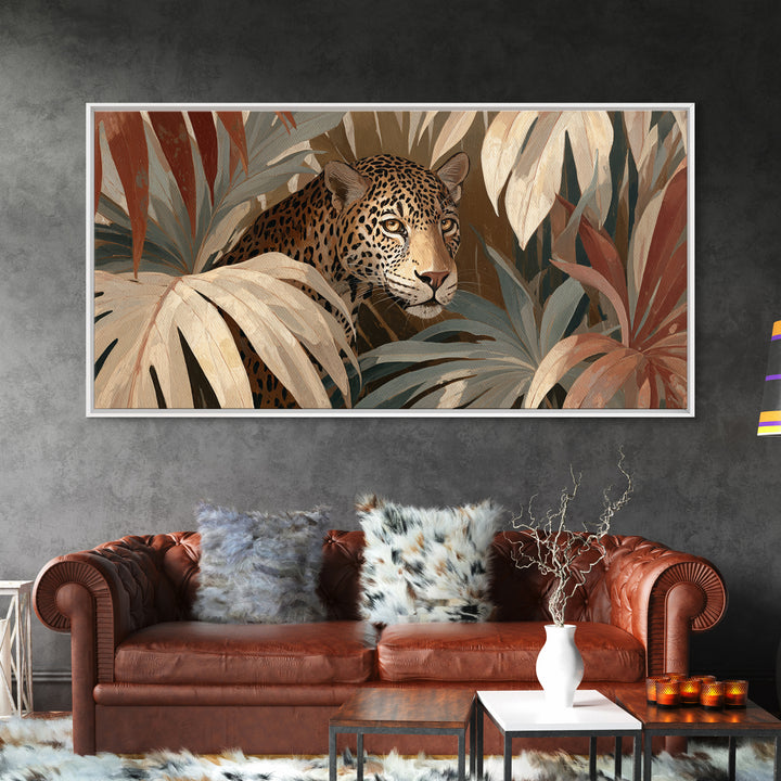 Leopard Hidden Among Palm Leaves Framed Canvas Print, Tropical Art, Contemporary Art, Living Room Decor, Fine Art, Tropic, TRO-2x1-10