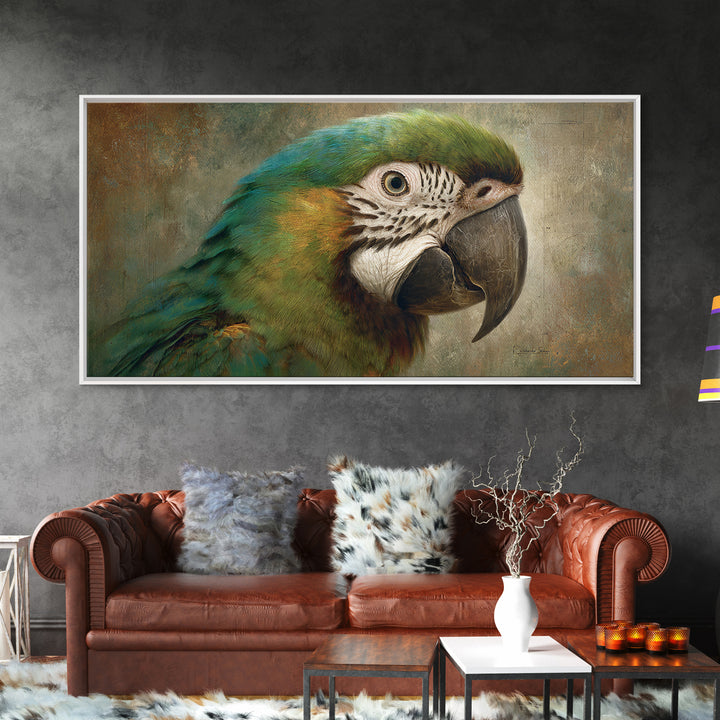 Parrot Portrait with Emerald Feathers Framed Canvas Print, Tropical Art, Beach Wall Art, Living Room Decor, Fine Art, Tropic, TRO-2x1-100