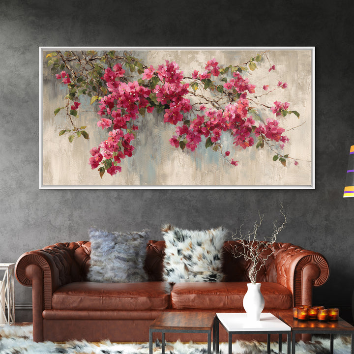 Pink Bougainvillea over White Wall Framed Canvas Print, Tropical Art, Room Decor, Living Room Decor, Fine Art, Tropic, TRO-2x1-12