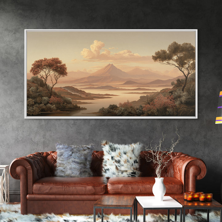 Island Volcano with Lush Foreground Framed Canvas Print, Tropical Art, Print, Living Room Decor, Tropic, Coastal Wall Art, TRO-2x1-13