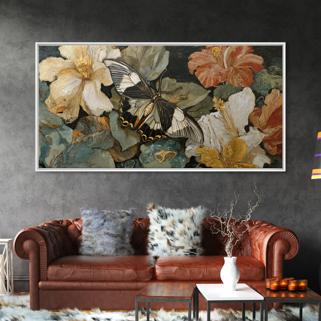 Tropical Butterfly and Flower Study Framed Canvas Print, Tropical Art, Whimsical Art, Living Room Decor, Watercolor Art, Tropic, TRO-2x1-19