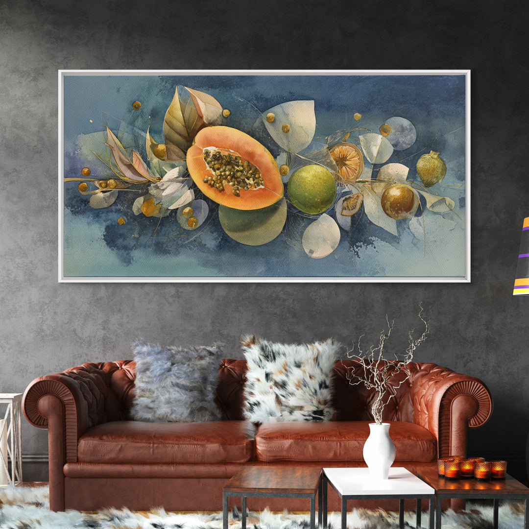 Bright Papaya and Lime Still Life Framed Canvas Print, Tropical Art, Statement Artwork, Living Room Decor, Fine Art, Tropic, TRO-2x1-20