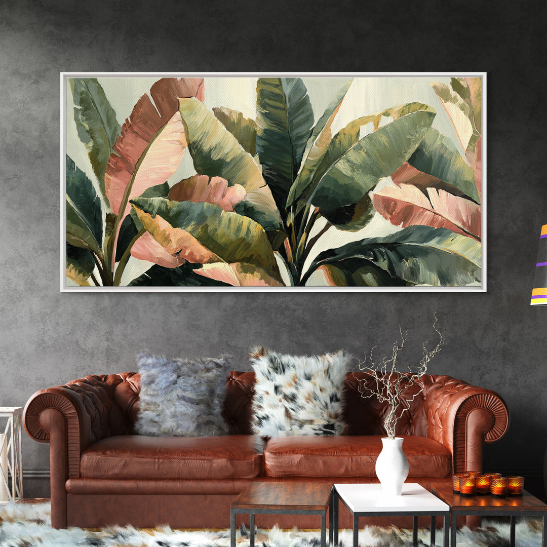 Banana Leaves Layered Framed Canvas Print, Tropical Art, Printable Wall Art, Living Room Decor, Watercolor Art, Tropic, TRO-2x1-29