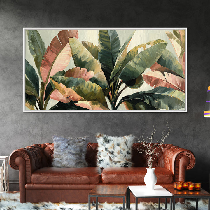 Banana Leaves Layered Framed Canvas Print, Tropical Art, Printable Wall Art, Living Room Decor, Watercolor Art, Tropic, TRO-2x1-29