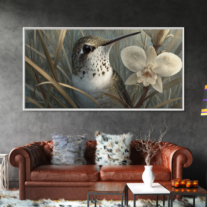 Orchid and Hummingbird Composition Framed Canvas Print, Tropical Art, Minimalist Decor, Living Room Decor, Fine Art, Tropic, TRO-2x1-30