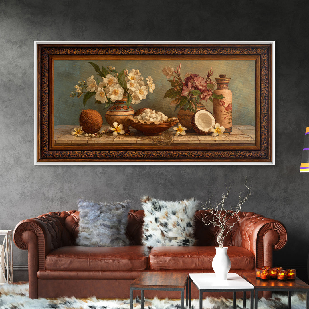 Coconut and Plumeria Still Life Canvas Print, Tropical Art, Wall Art, Living Room Decor, Oil Painting, Tropic, Pink Wall Art, TRO-2x1-32