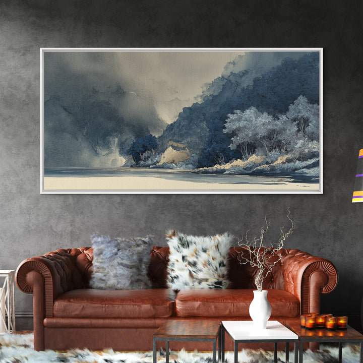 Jungle Waterfall with Misty Light Framed Canvas Print, Tropical Art, Digital Prints, Living Room Decor, Fine Art, Tropic, TRO-2x1-33
