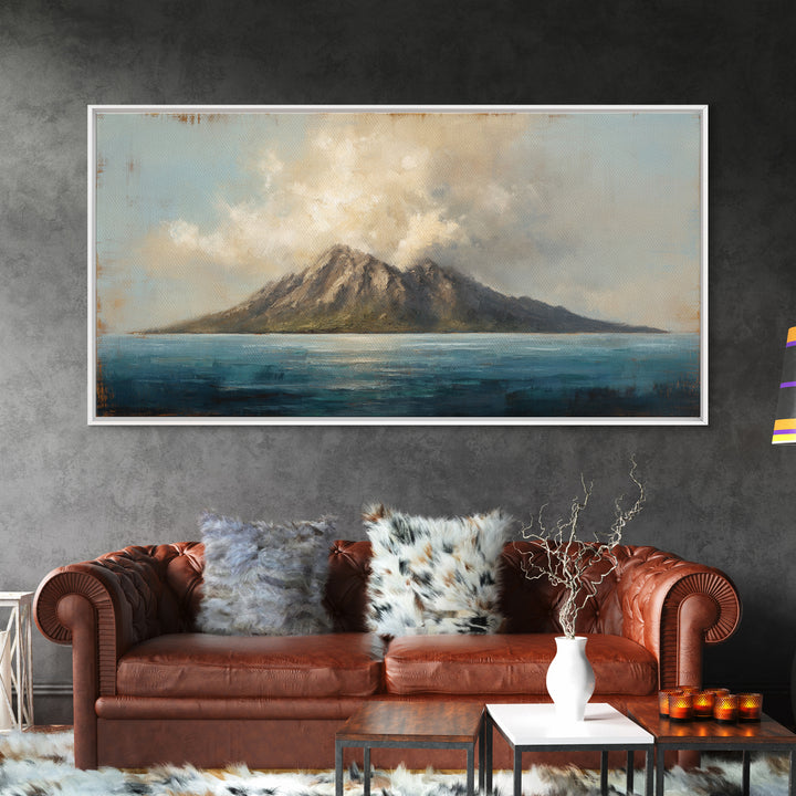 Island Volcano with Lush Foreground Framed Canvas Print, Tropical Art, Print, Living Room Decor, Tropic, Coastal Wall Art, TRO-2x1-37