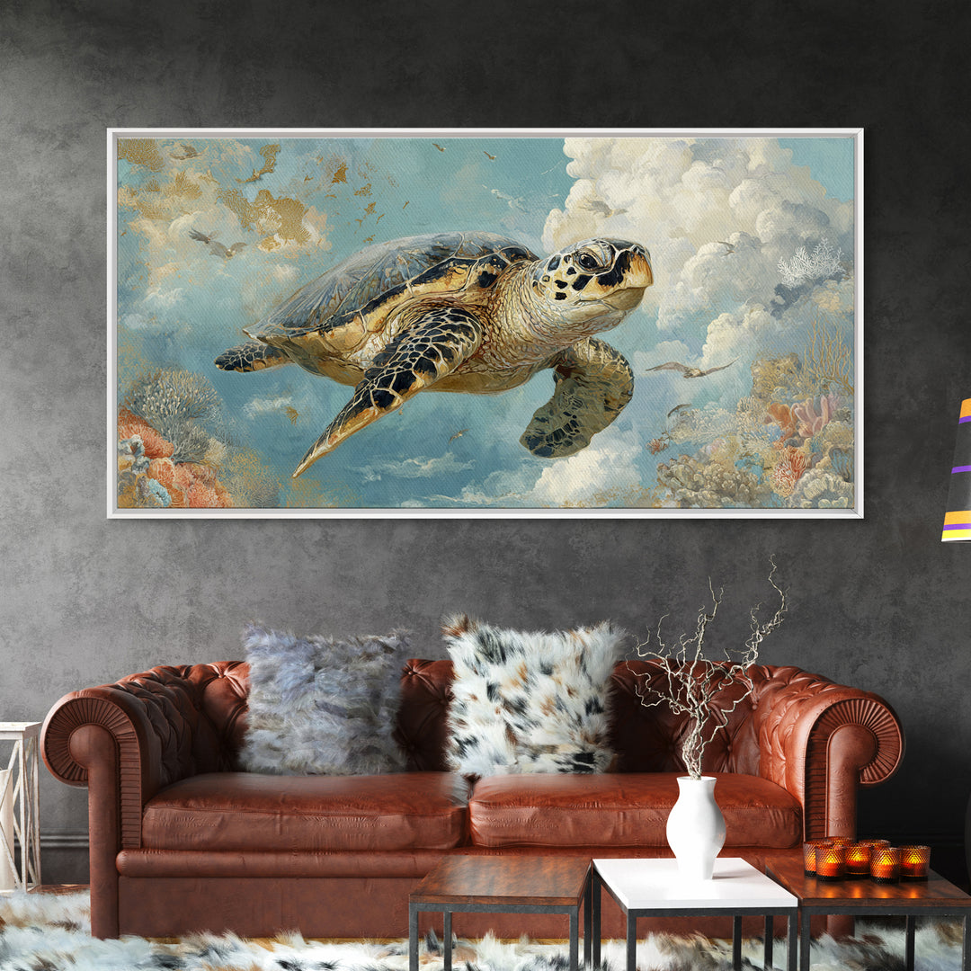 Sea Turtle Near Tropical Reef Canvas Print, Tropical Art, Digital Art, Living Room Decor, Oil Painting, Tropic, Watercolor Art, TRO-2x1-39