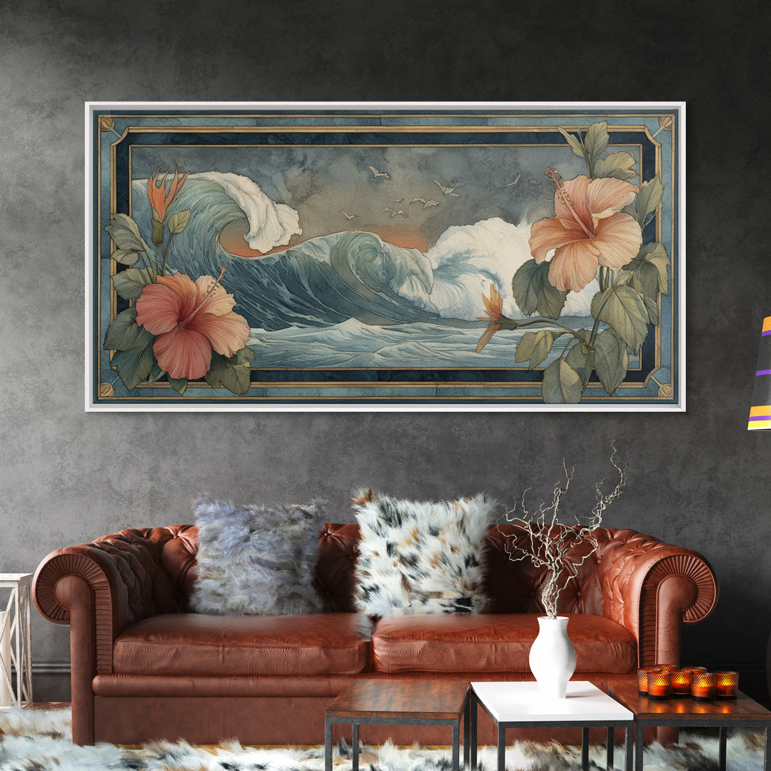 Sunset Surf Scene Framed Canvas Print, Tropical Art, Room Decor, Living Room Decor, Fine Art, Tropic, Printable, TRO-2x1-42