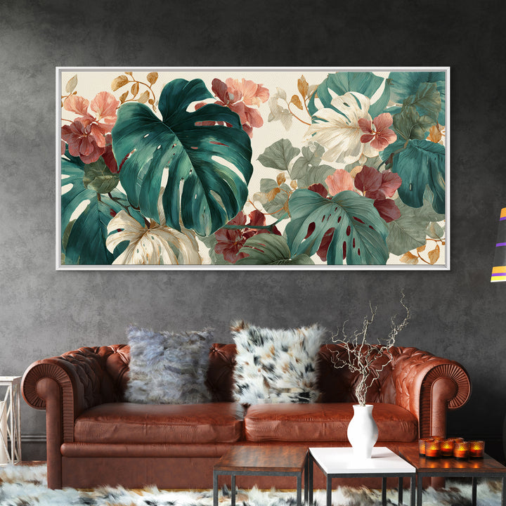 Lush Monstera Leaves Framed Canvas Print, Tropical Art, Pink Wall Art, Living Room Decor, Fine Art, Tropic, Coastal Art, TRO-2x1-45