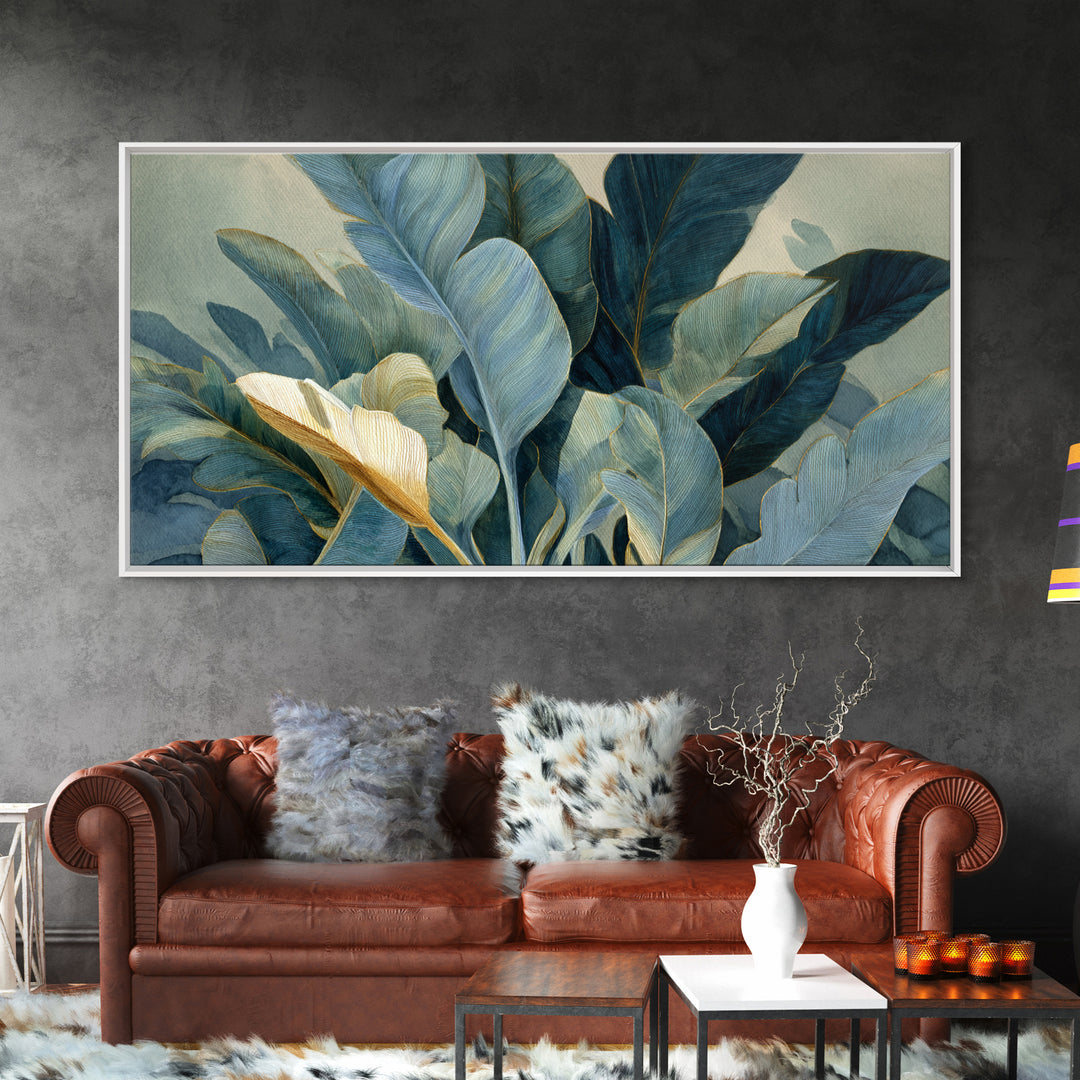 Banana Leaves Layered Framed Canvas Print, Tropical Art, Printable Wall Art, Living Room Decor, Watercolor Art, Tropic, TRO-2x1-5