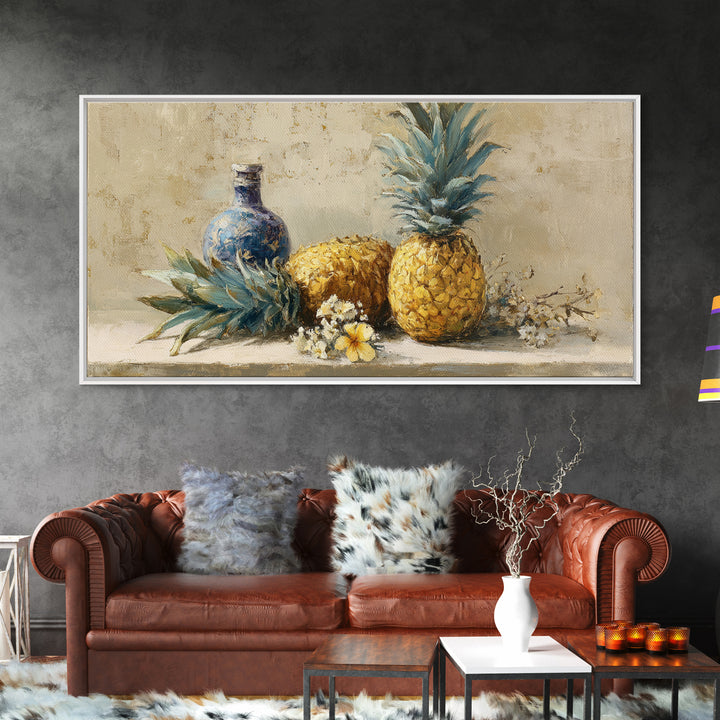 Pineapple and Palm Still Life Framed Canvas Print, Tropical Art, Decor, Living Room Decor, Fine Art, Tropic, Bird Art, TRO-2x1-50