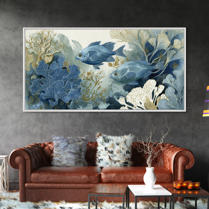 Tropical Fish over Coral Reef Framed Canvas Print, Tropical Art, Set of 3 Prints, Living Room Decor, Fine Art, Tropic, TRO-2x1-55