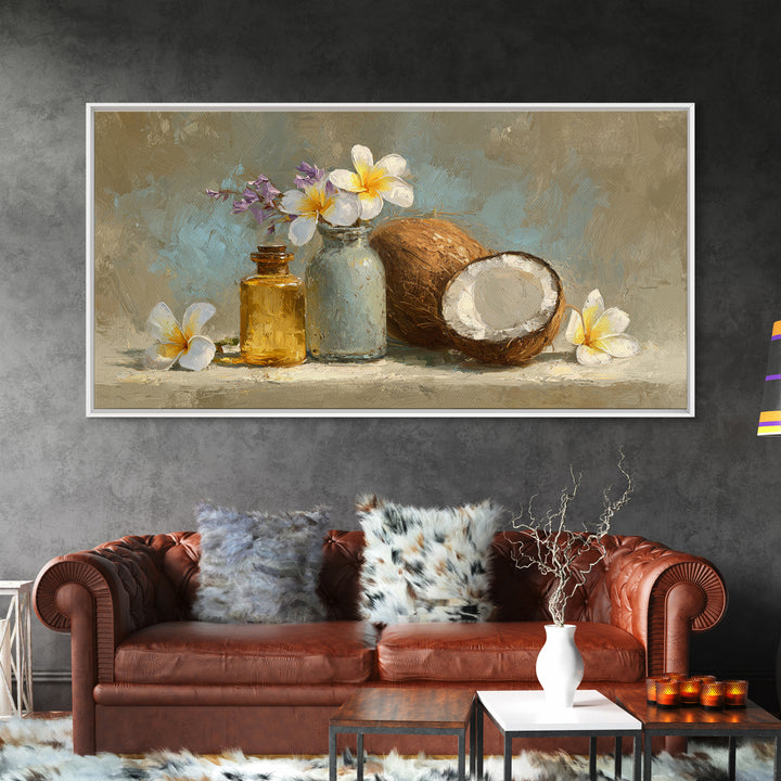 Coconut and Plumeria Still Life Framed Canvas Print, Tropical Art, Art Print, Living Room Decor, Tropic, Abstract Painting, TRO-2x1-56