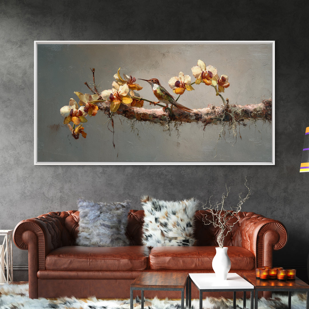 Orchid and Hummingbird Composition Framed Canvas Print, Tropical Art, Minimalist Decor, Living Room Decor, Fine Art, Tropic, TRO-2x1-6
