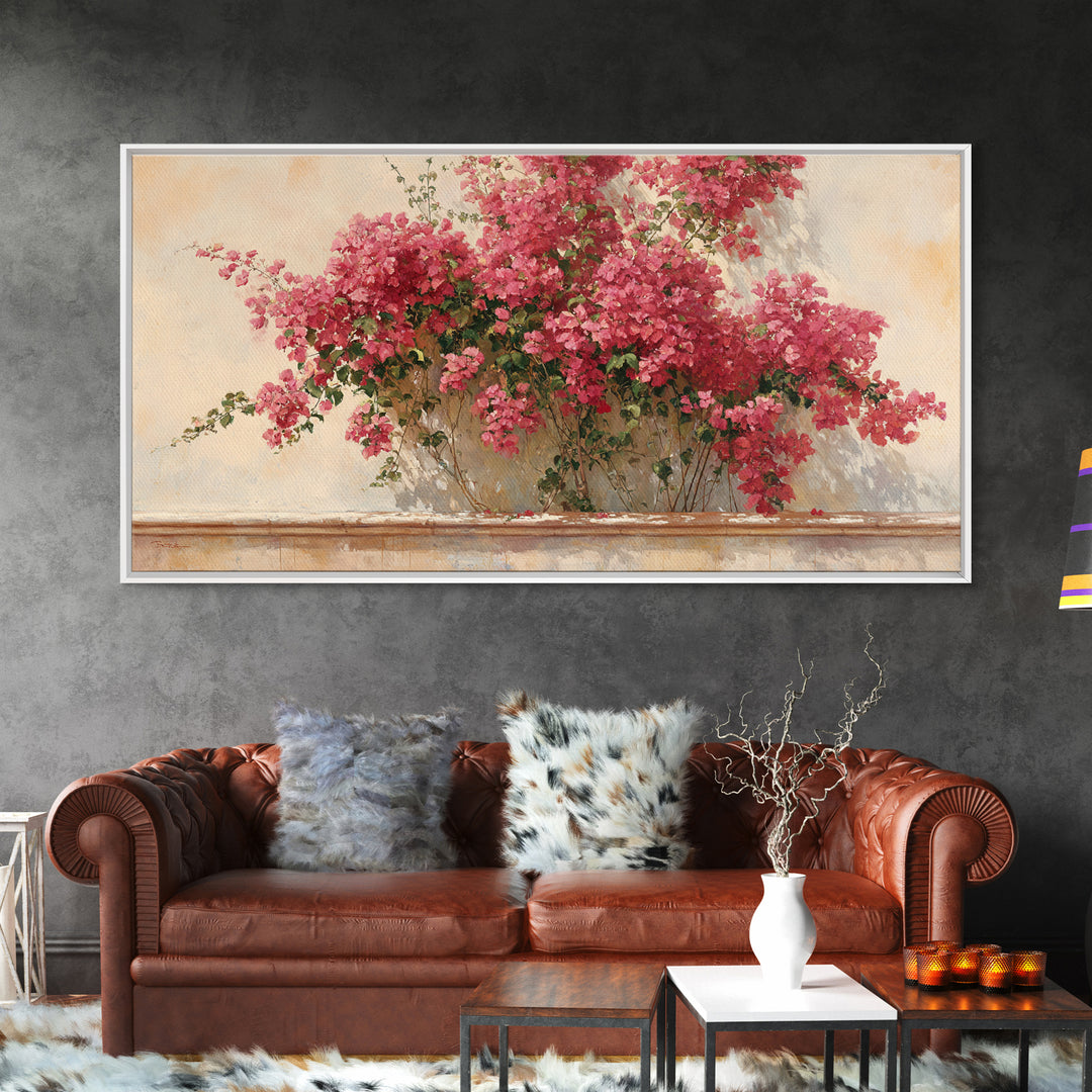 Pink Bougainvillea over White Wall Framed Canvas Print, Tropical Art, Digital Art, Living Room Decor, Oil Painting, Tropic, TRO-2x1-60