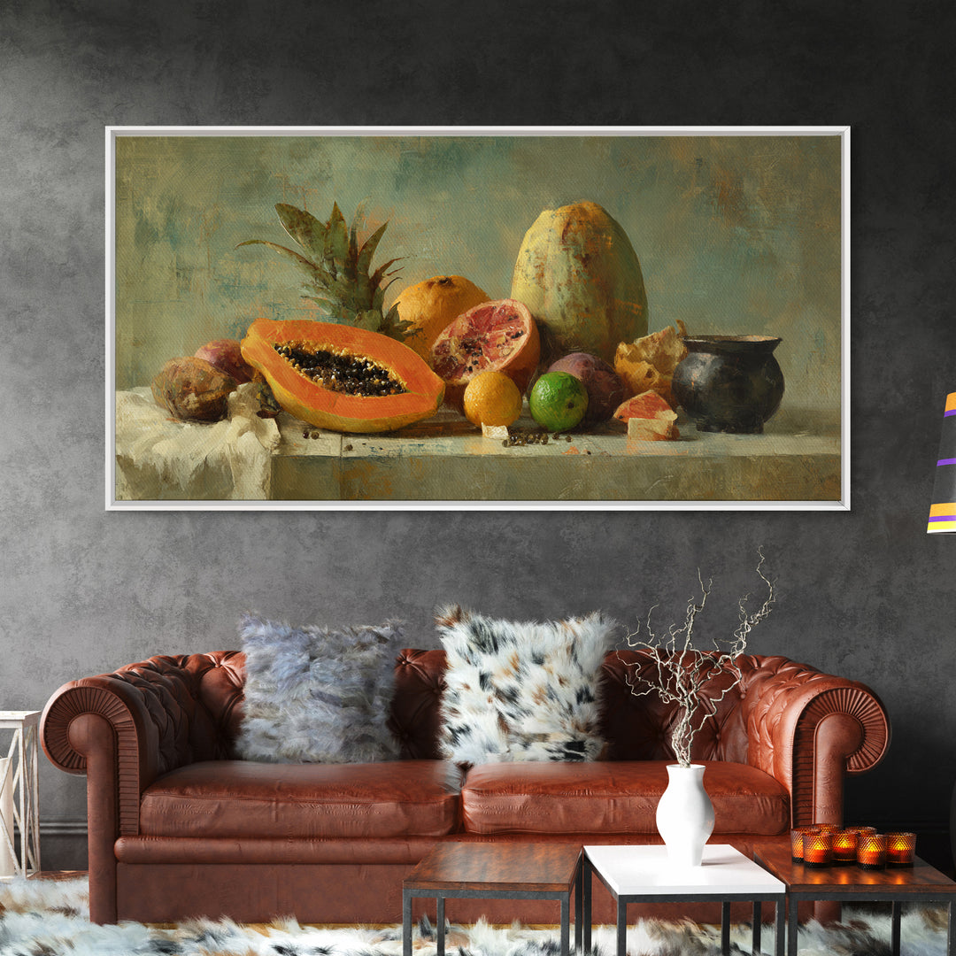 Bright Papaya and Lime Still Life Canvas Print, Tropical Art, Printable Wall Art, Living Room Decor, Watercolor Art, Tropic, TRO-2x1-68
