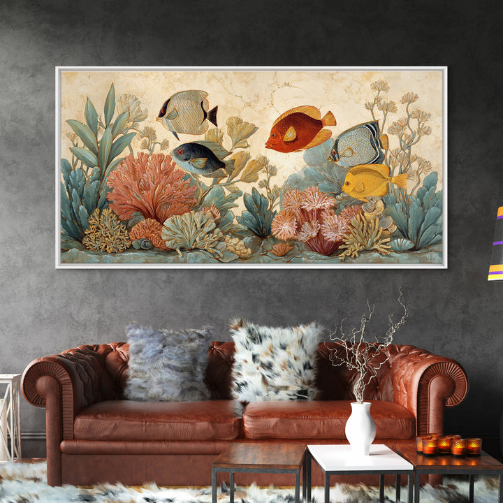 Tropical Fish over Coral Reef Framed Canvas Print, Tropical Art, Print, Living Room Decor, Fine Art, Tropic, Coastal Wall Art, TRO-2x1-7