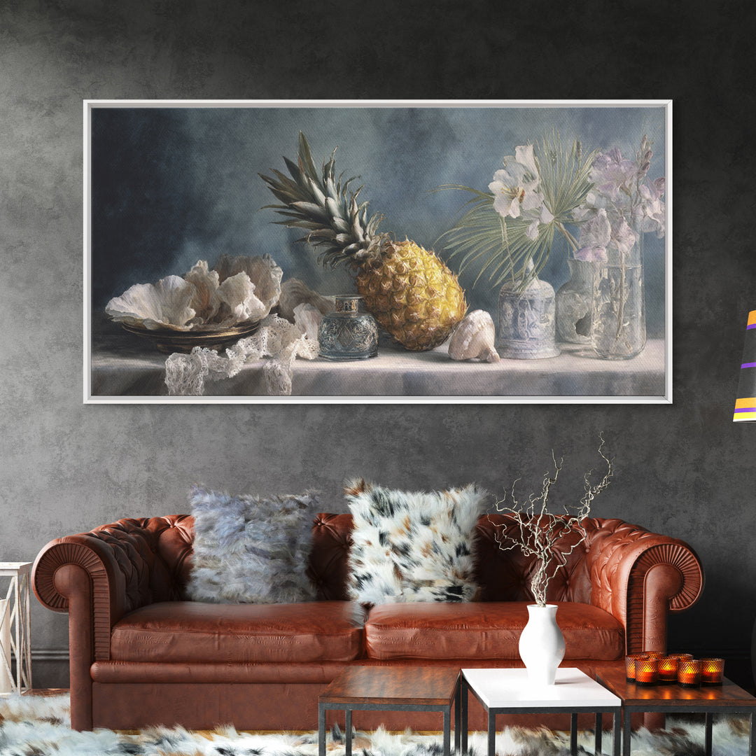 Pineapple and Palm Still Life Canvas Print, Tropical Art, Printable Wall Art, Living Room Decor, Watercolor Art, Tropic, TRO-2x1-74